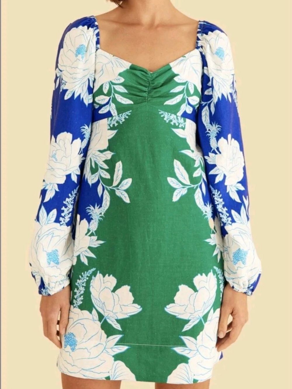 FARM Rio Green and Blue Floral Long-Sleeve Mini Dress